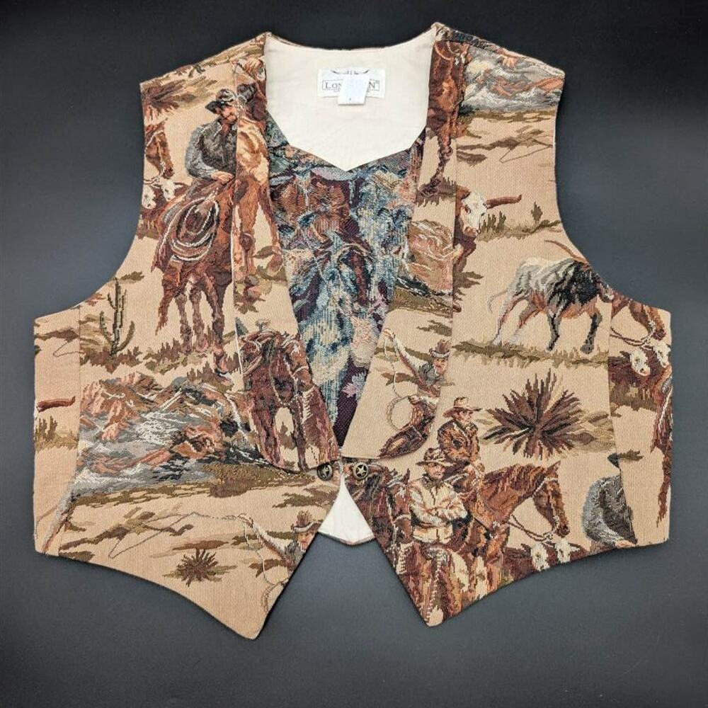 Vintage Longhorn Vest Womens XL Tan Western Tapestry Rodeo 1990s Cowboy Boho